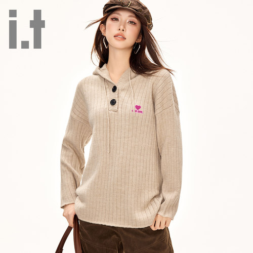 it ccaabb慵懒风简约休闲纯色连帽套头毛衣女针织衫打底衫上衣K