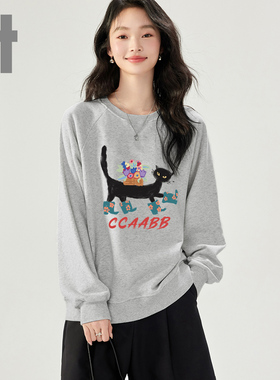 it ccaabb春秋新款加绒卫衣女黑猫印花设计感宽松圆领套头上衣K