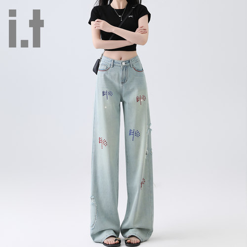 it ccaabb破洞牛仔裤女春秋新款显瘦休闲设计感刺绣阔腿直筒裤子K