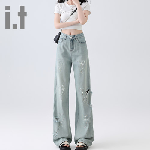 it ccaabb春秋新款钉珠烫钻破洞牛仔裤女高腰显瘦遮胯阔腿直筒裤K