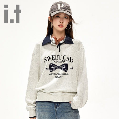 it ccaabb卫衣女新款polo领春秋长袖宽松休闲百搭拼色翻领上衣K