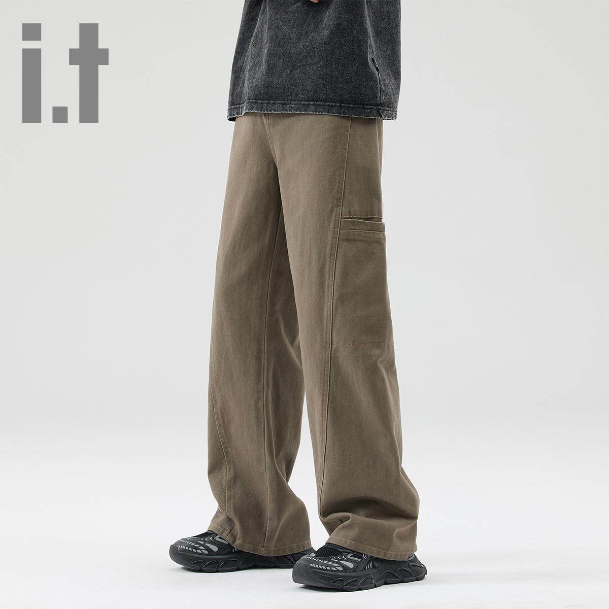 i.t ccaabb拼接侧口袋文艺纯色纯棉直筒男裤秋季休闲裤K