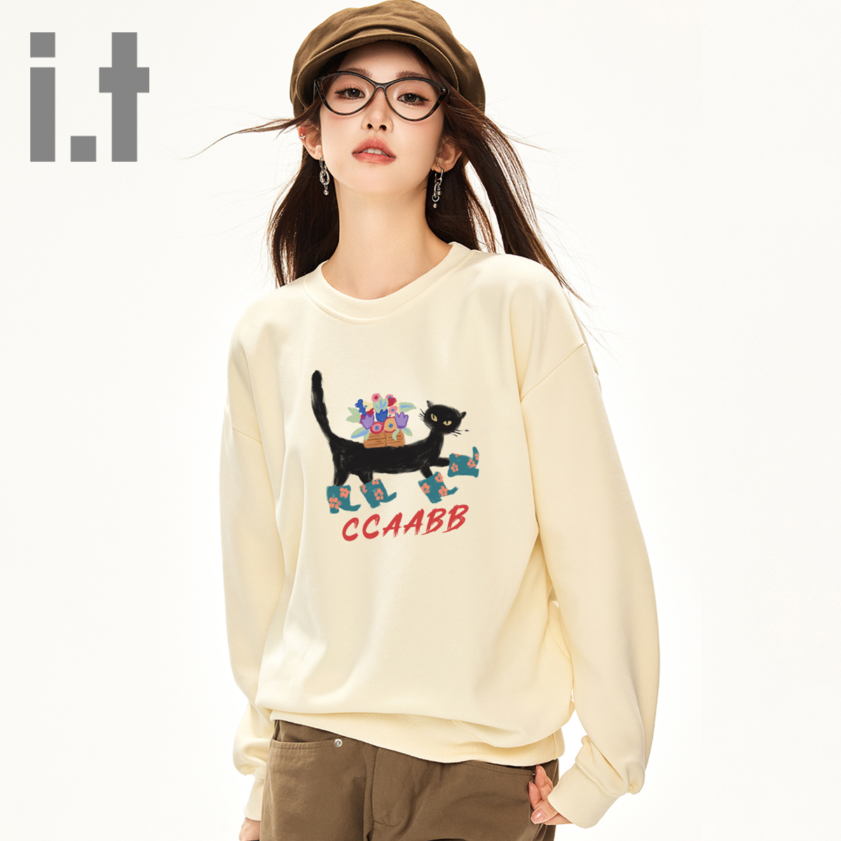it ccaabb学院风卫衣女春秋长袖百搭显瘦宽松休闲圆领上衣女K