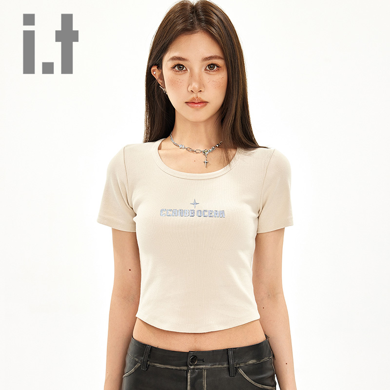 it ccaabb修身短袖t恤女2025新款字母印花夏季百搭上衣圆领打底K