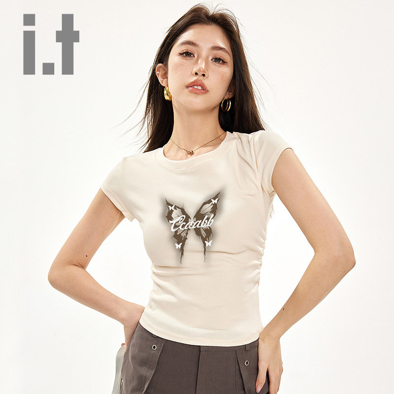 夏季薄款短袖T恤女圆领蝴蝶印花