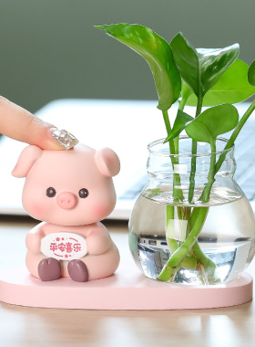 创意莫生气卡通动物公仔水培绿萝花客厅玄关家居装饰桌面摆设