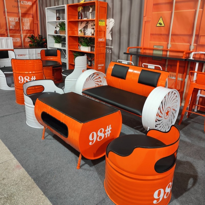 工业风咖啡厅奶茶店创意吧休闲区酒吧卡座铁艺油桶沙发茶几桌椅