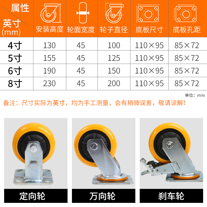 5寸6寸轮子聚氨酯重型万向轮平板推车轮子工业脚轮定向刹车轮