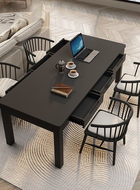 全实木带抽屉黑色哑光书桌客厅现代家用多人写字桌办公桌台