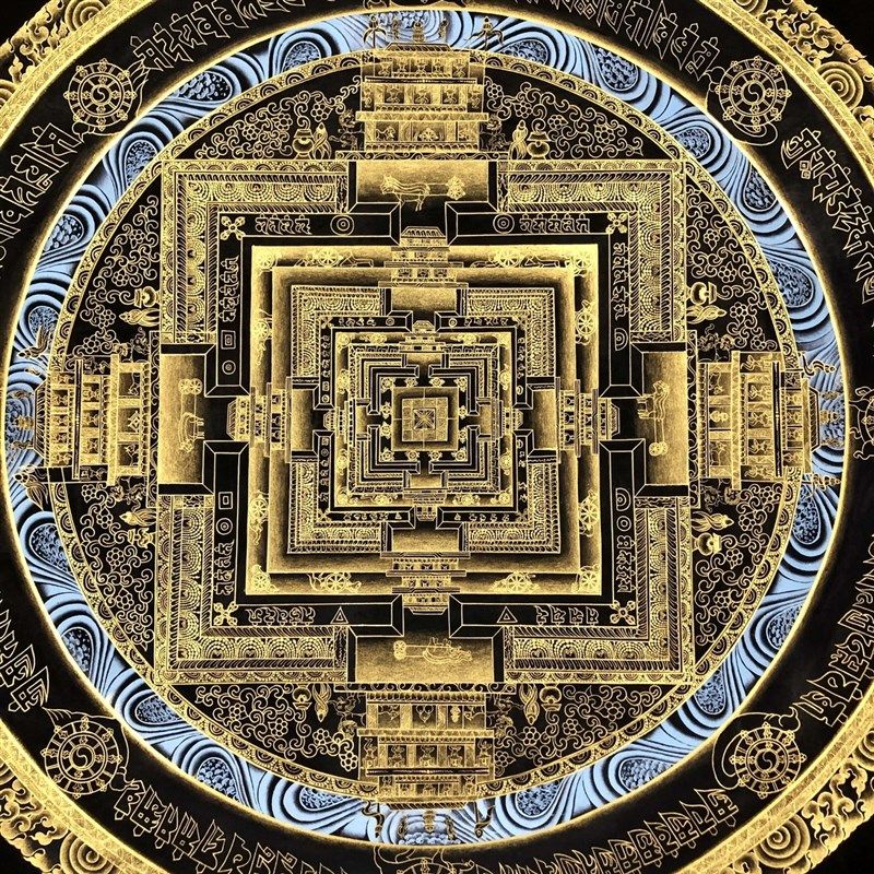 唐卡纯手工画布一黑金时轮金刚坛城尼泊尔西藏玄关装饰挂画