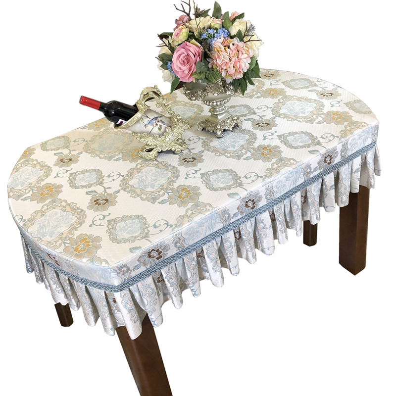 欧式餐桌布布艺折叠圆桌桌布全包台布家用蓝色椭圆形餐桌罩定制