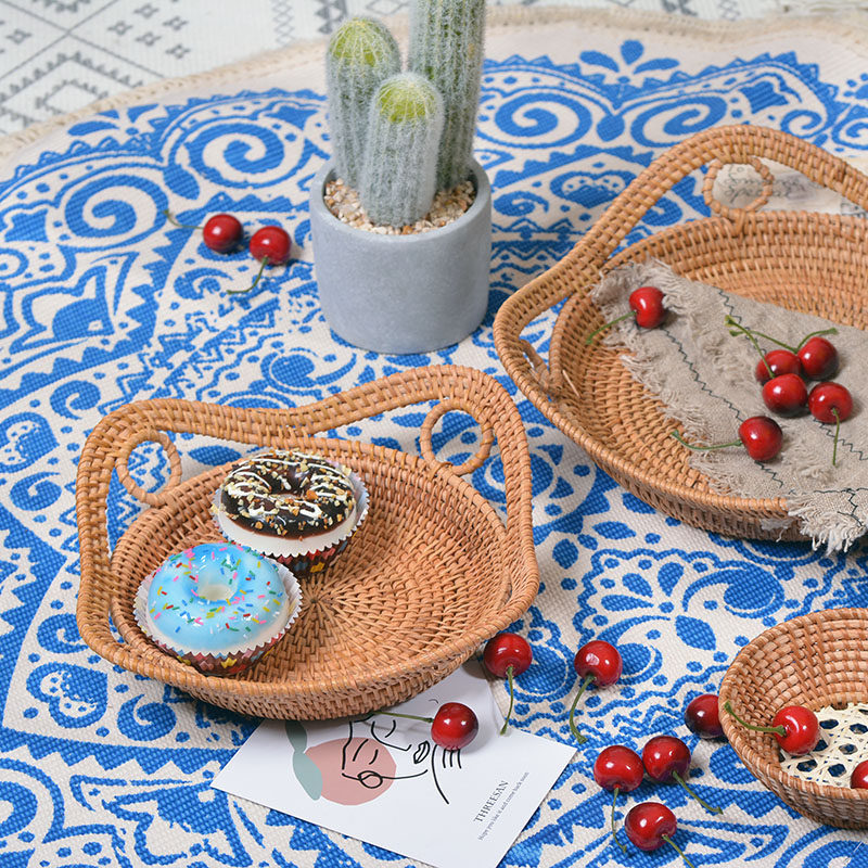 新款越南藤编边镂空水果盘创意复古田园风家居客厅茶几零食糖果