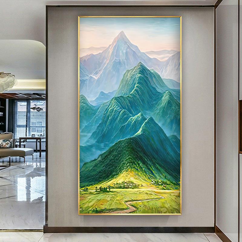 青山图靠山图西墙玄关挂画山水画聚宝盆装饰画寓意好的新中式壁画图片