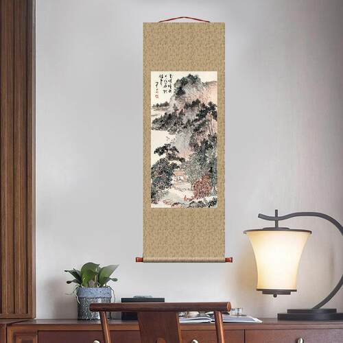 溥儒秋山访友图卷轴挂画国画山水名画复制品字画中式玄关装饰画