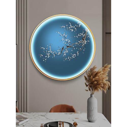 新中式圆形装饰画轻奢玄关茶室花鸟灯画高级感中国风卧室床头挂画