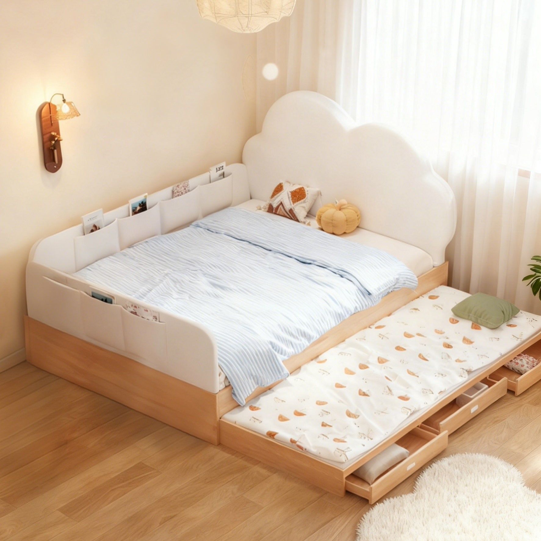 榻榻米蒙氏儿童抽拉床奶牛小岛地台床实木带护栏男孩单人床女孩房