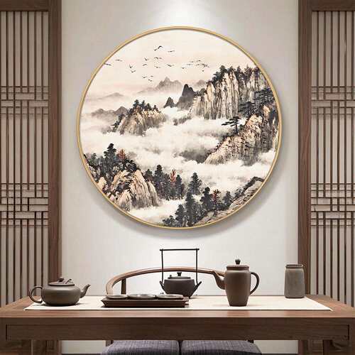 圆形装饰山画办公室字画挂画新中式聚263财水景画客厅玄风墙关面