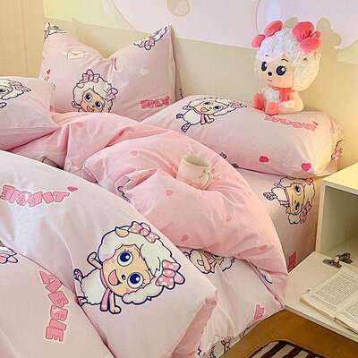 全宿棉卡铺通四件套可爱床笠款纯棉被罩套床73104单款学生舍床三