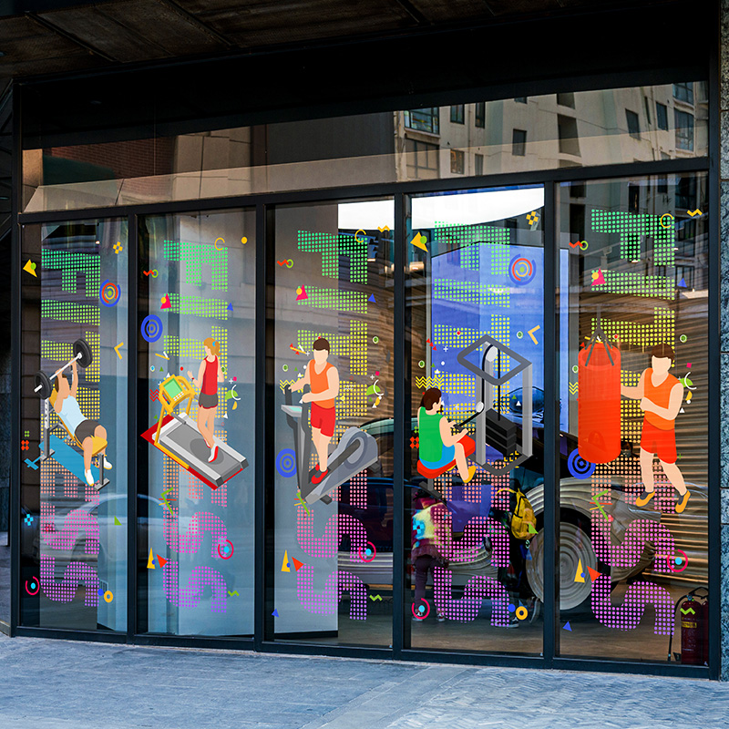 健身会所推拉玻璃门广告贴画静电无胶酒店FITNE俱乐部橱窗海报