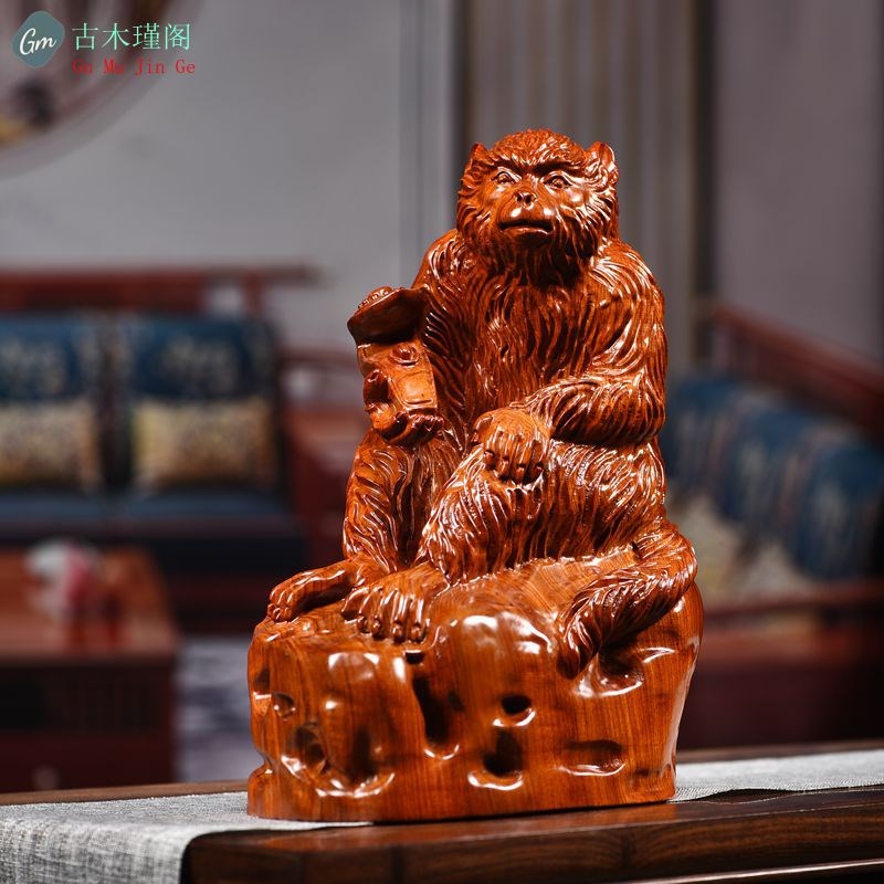 花梨木雕生肖猴子摆件龙龟满载而归实木家居饰品客厅红木业礼品