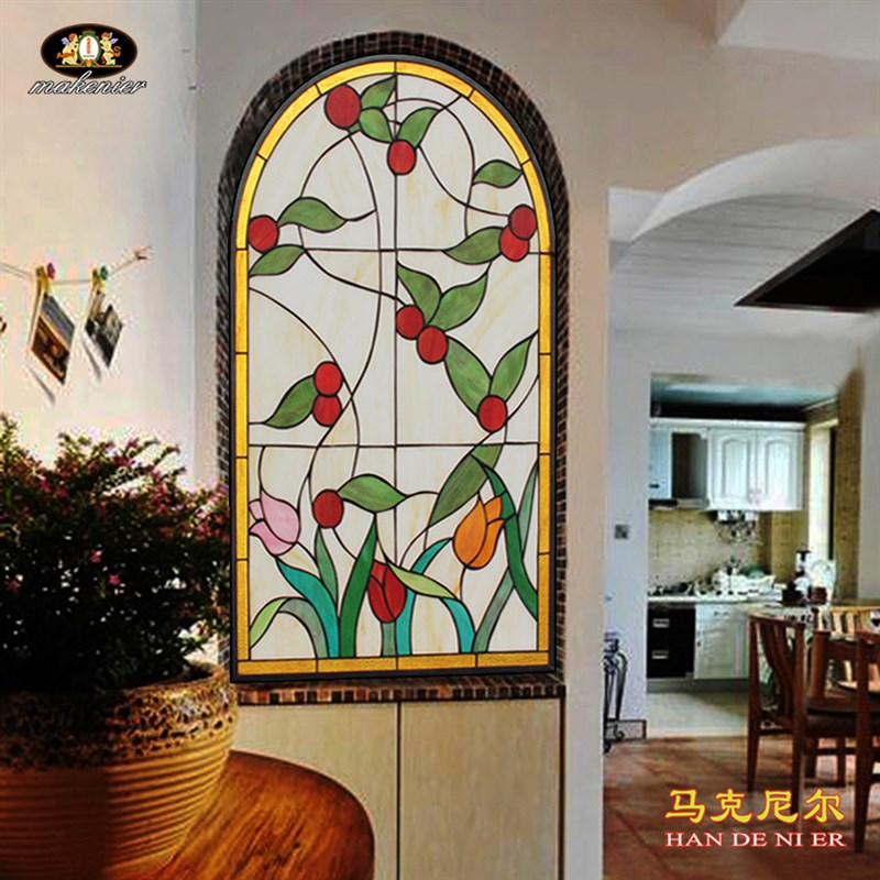 定制拱形隔断屏风实木推拉门窗欧式复古镶嵌装饰彩色教堂艺术玻璃