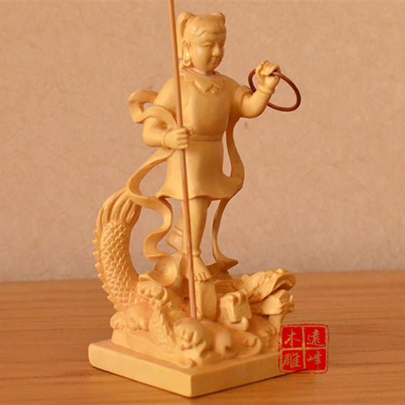 黄杨木雕实木雕刻降龙哪吒三太子中坛元帅李哪吒精雕工艺品摆件