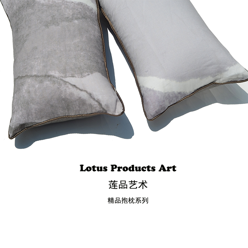 蓝灰色水墨亚麻现代中式沙发抱枕长方形靠包靠枕靠垫腰枕不含芯