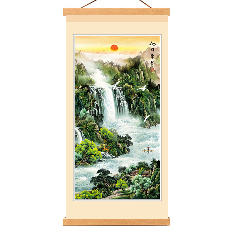 新款布艺山水画客厅挂画竖版玄关画中式简约现代风景画挂布装饰画图片