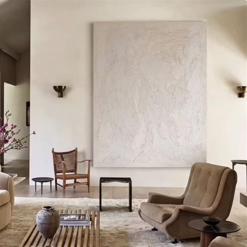 JZ纯手绘油画《慕白》侘寂风立体肌理客厅挂画玄关简约抽象装饰画图片
