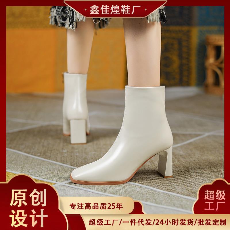 815-2方头粗跟皮靴侧拉链法式少女单里高跟黑色百搭短靴时尚百搭