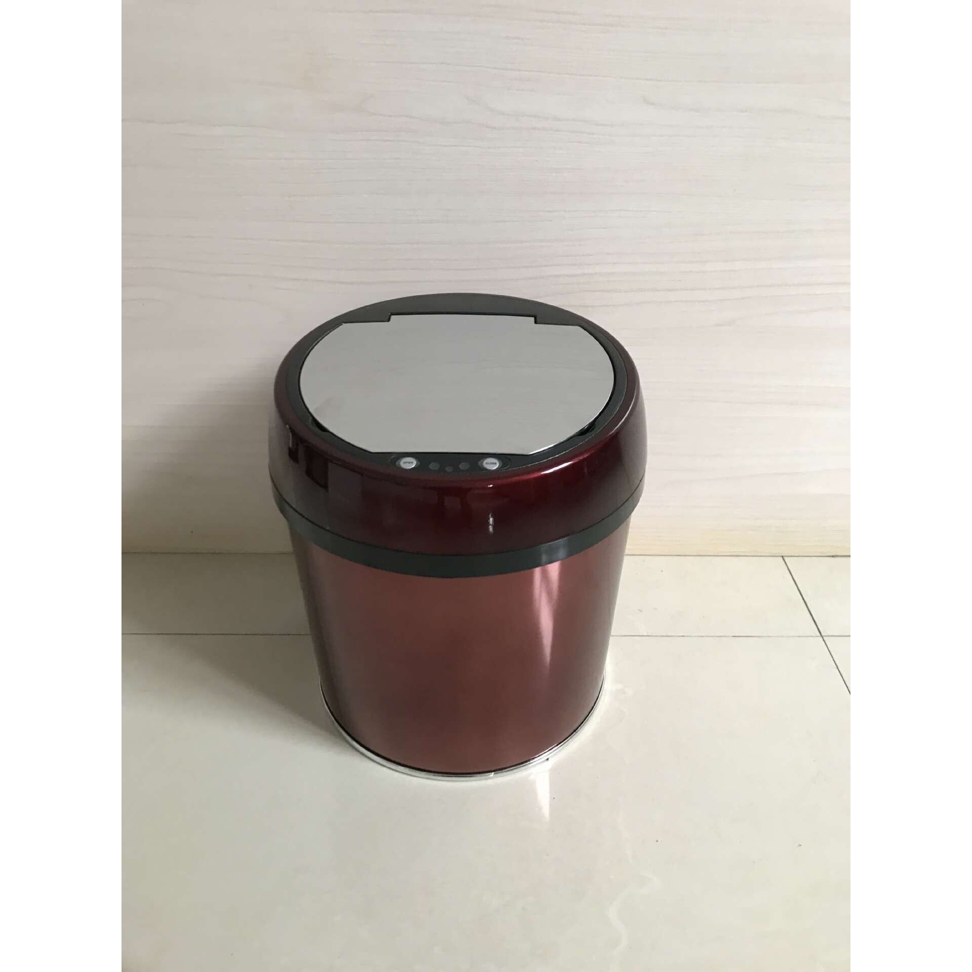 富崎厂家 6L酒红亮盖不锈钢翻盖垃圾桶智能感应垃圾环境桶