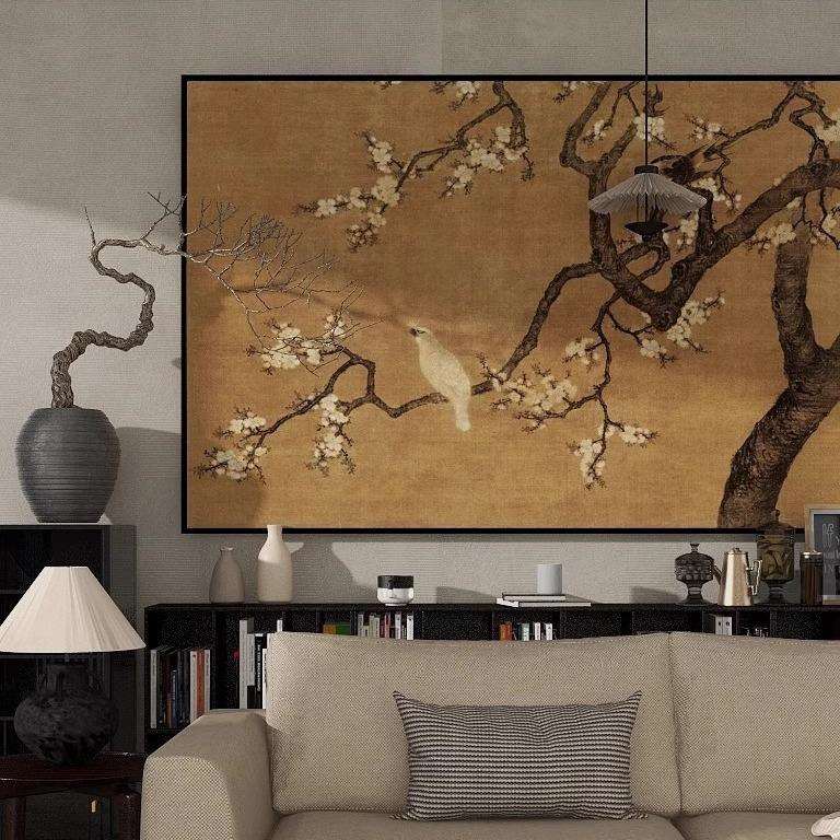 杏花双雉图法式中古客厅装饰画新中式横幅挂画南洋风餐厅高档壁画