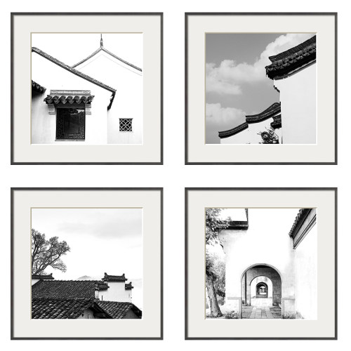 黑白饰画庭院徽派建筑挂画客厅沙发背景墙壁画