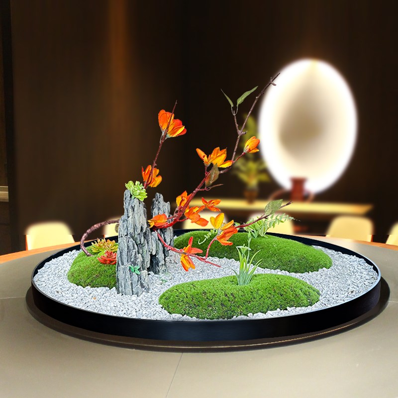 酒店餐桌转盘中间装饰大圆桌国风建筑造景微景观圆形摆台花艺