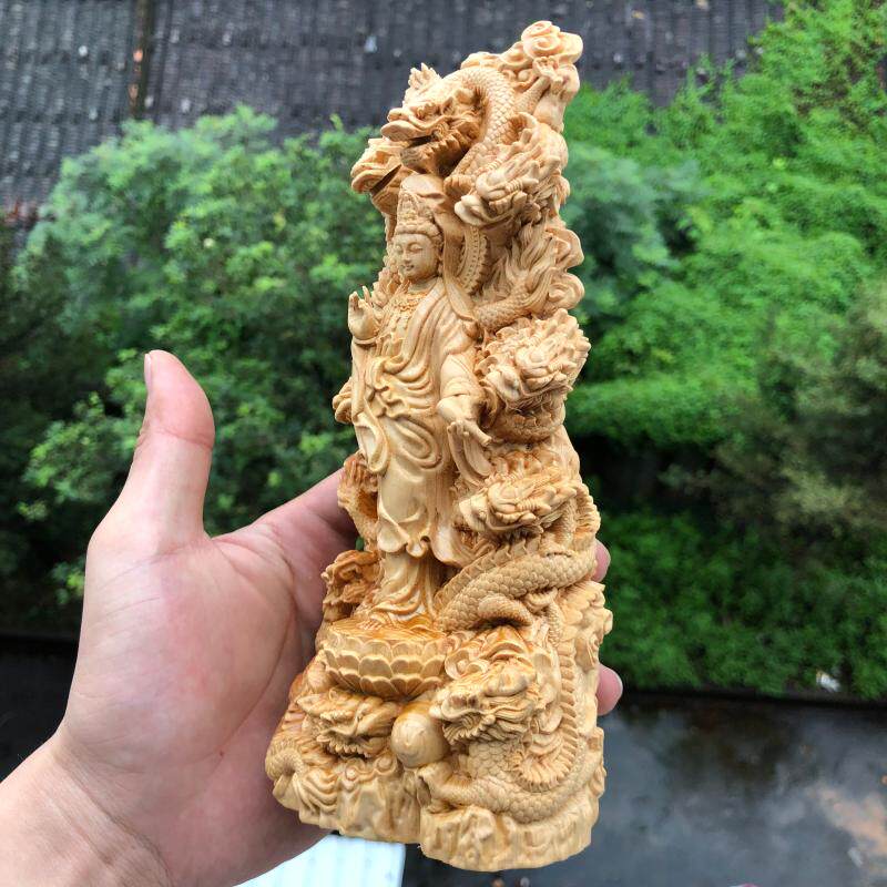 崖柏黄杨木雕刻九龙龙观音御龙菩萨物神像家居佛堂供奉饰品