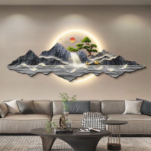 背靠山客厅饰画沙发背景墙挂画山水风景聚财壁灯大气壁画