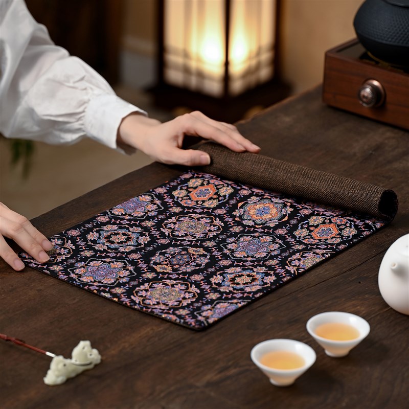 繁花中式浮光金银万花q茶席创意彷宋锦刺绣干泡席桌垫桌布茶垫