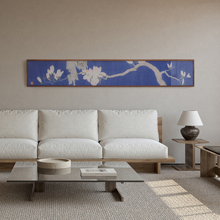 饰画侘寂风蓝色床头沙发墙卷轴横长条挂画 燕雷白玉兰图新装