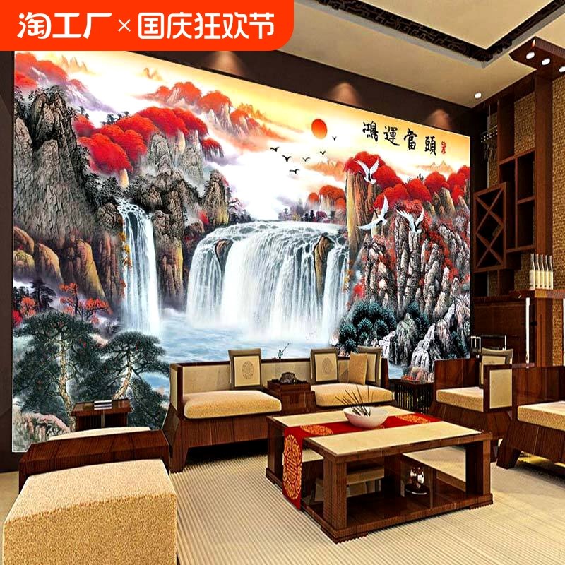 客厅装饰画壁画自粘8D立体山水画中堂墙纸中式画油画布现代背景墙图片
