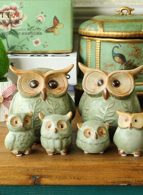 复古陶瓷猫头鹰家居 z 杂货 迷你动物搁板摆设