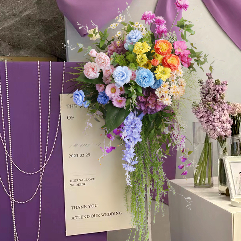 清新彩色花艺订婚布置仿真花卉婚庆路引背景拱门挂花橱窗商业花艺
