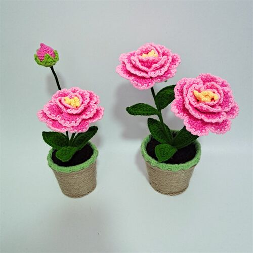 小猪编织屋手工毛线编织玫瑰红掌向日葵牡丹盆景摆放卉
