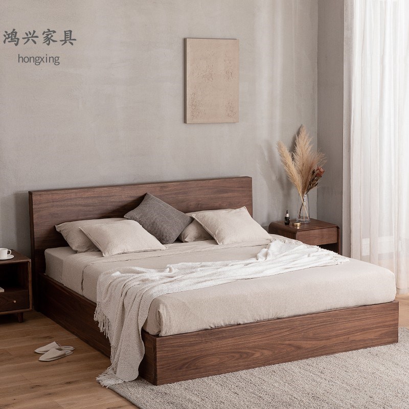 北美黑胡桃婚床双人床现代纯实木卧室方形1.8米婚床样板房家具