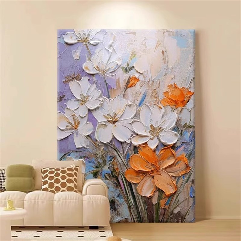 侘寂风抽象花卉手绘油画玄关挂画厚肌理感手工丙烯餐厅客厅装饰画图片