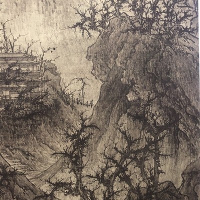 北宋李成 晴峦萧寺图 绢布山水人物国画立轴装裱挂轴高清微喷画