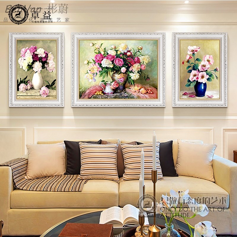 简约大气油画墙面装饰画欧式沙发背景高档墙画简欧三联画牡丹定做图片