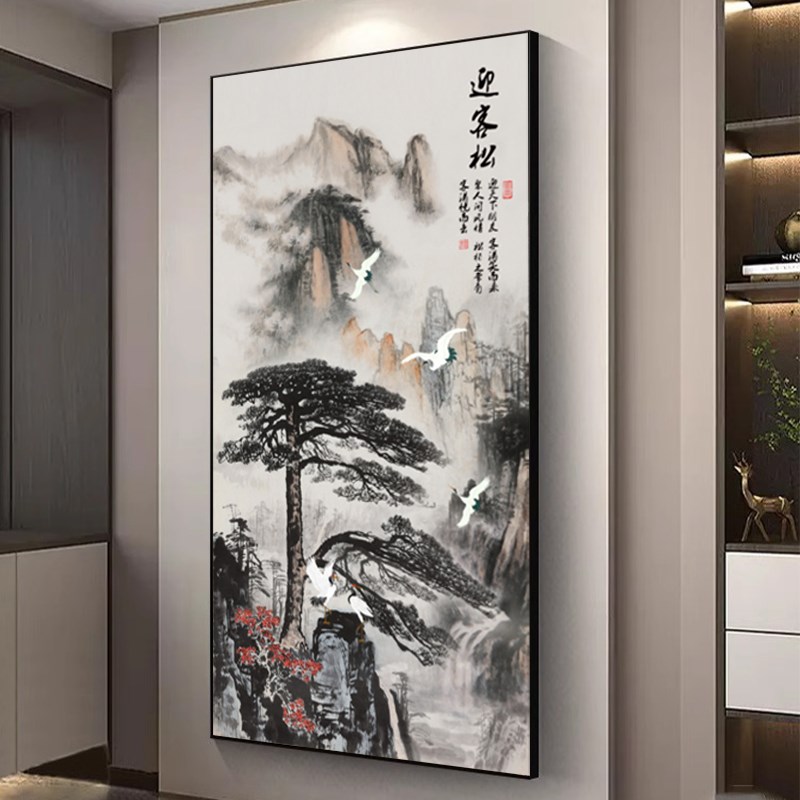 现代中式玄关装饰画迎客松正对入户门走廊过道背景墙挂画带灯版画