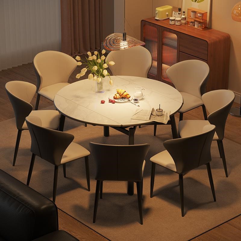 浪度亮光岩板餐桌椅家用可伸缩圆餐桌饭桌现代一桌六椅子