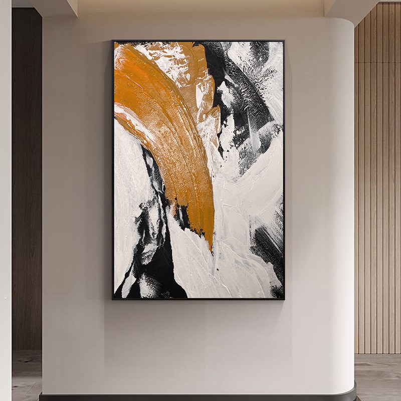 手绘油画立体抽象黑白橙装饰画玄关过道背景墙肌理画客厅挂画简约图片