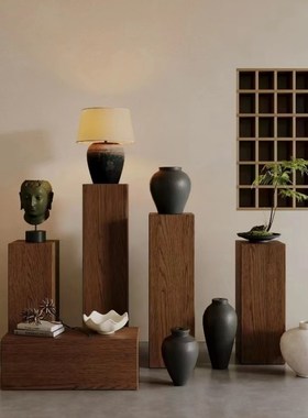 侘寂风实木墩子摆件墩花架民宿酒店边角几矮凳方形木桩展示台